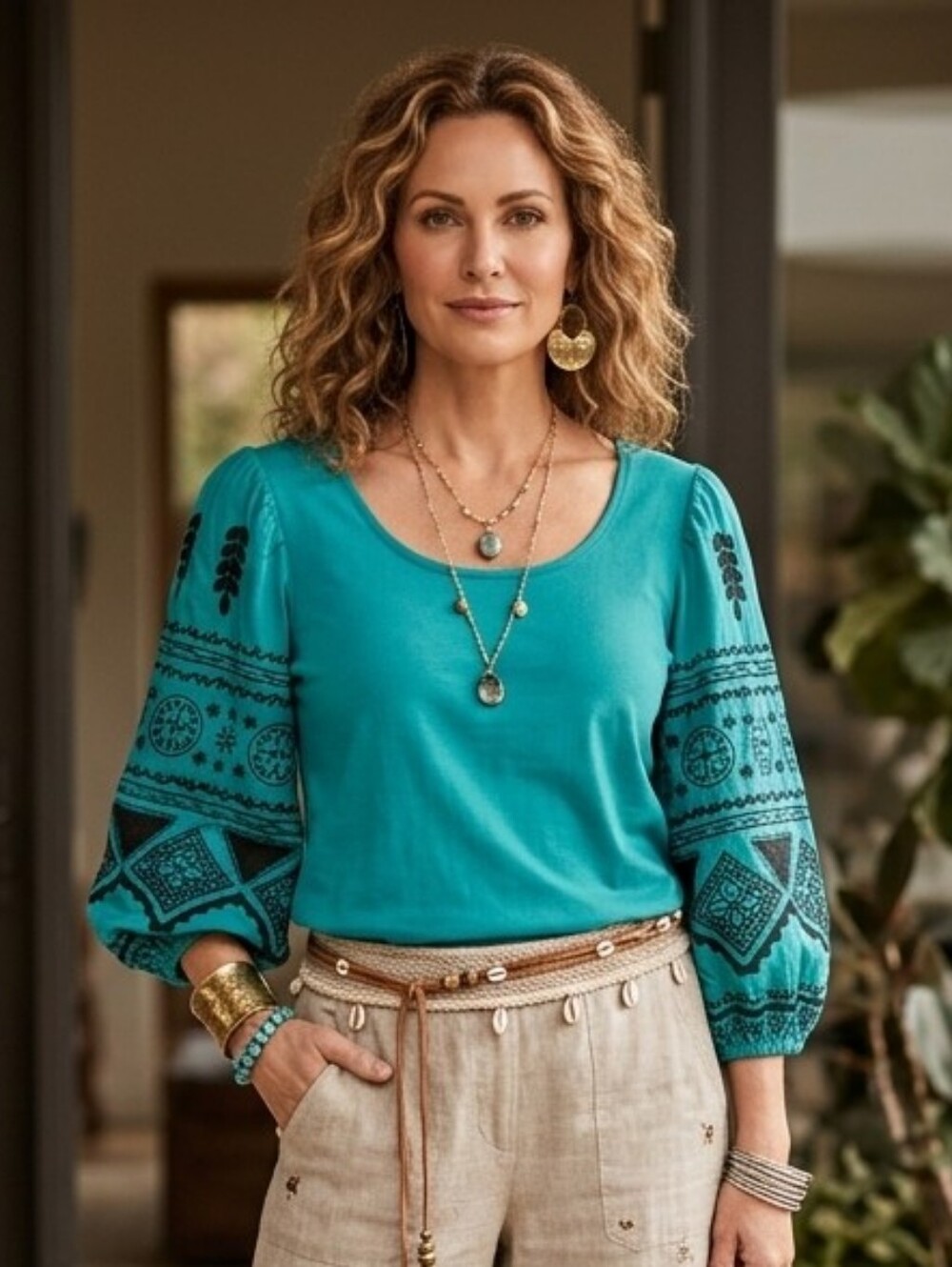 NWT Chico's L Contemporary Bohemian Peasant Western Embroidered Scoop Neck Top